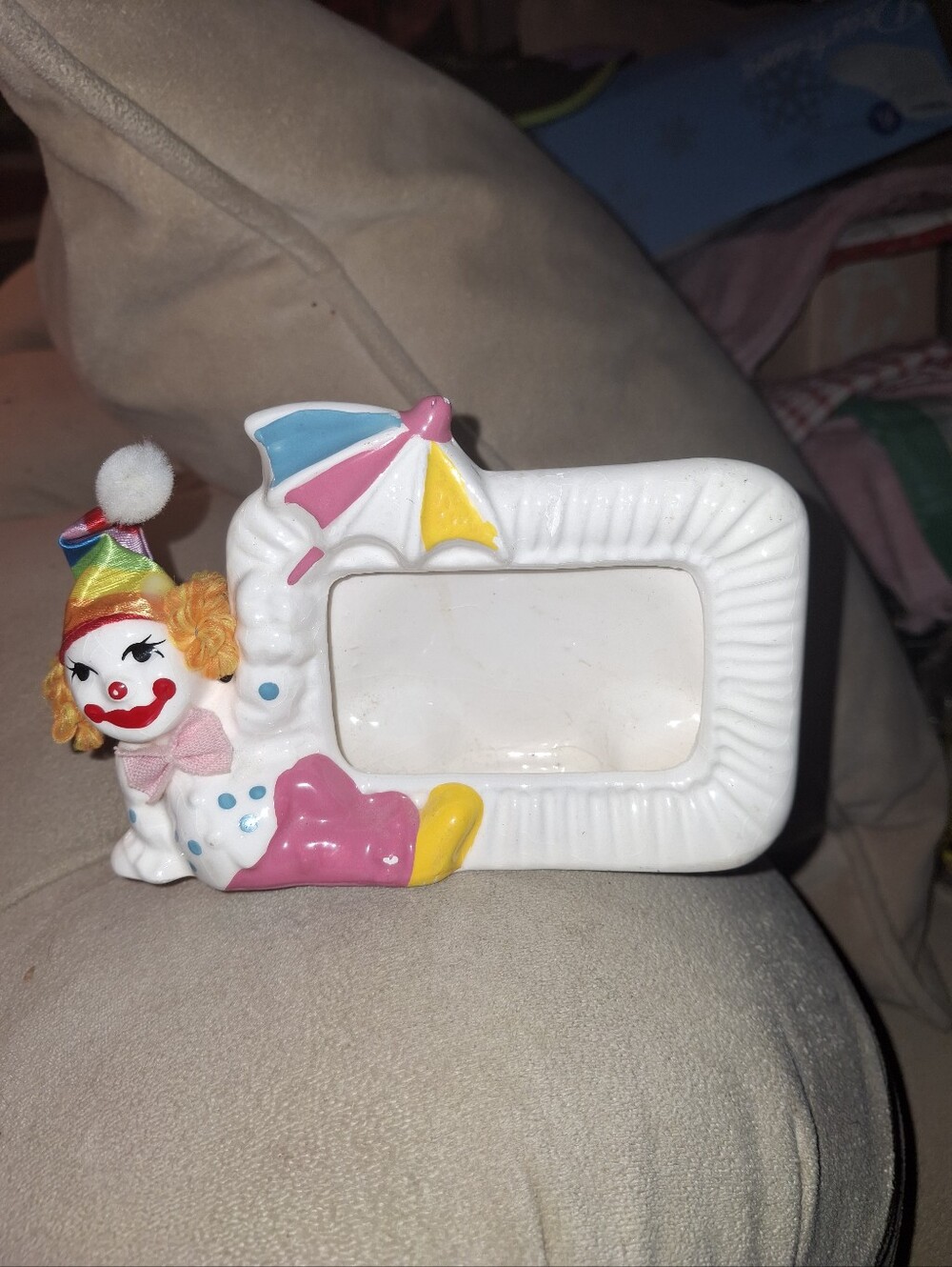 Ceramic Clown Photo Frame - White with Pink, Yellow & Blue Accents 3 Inches Tall